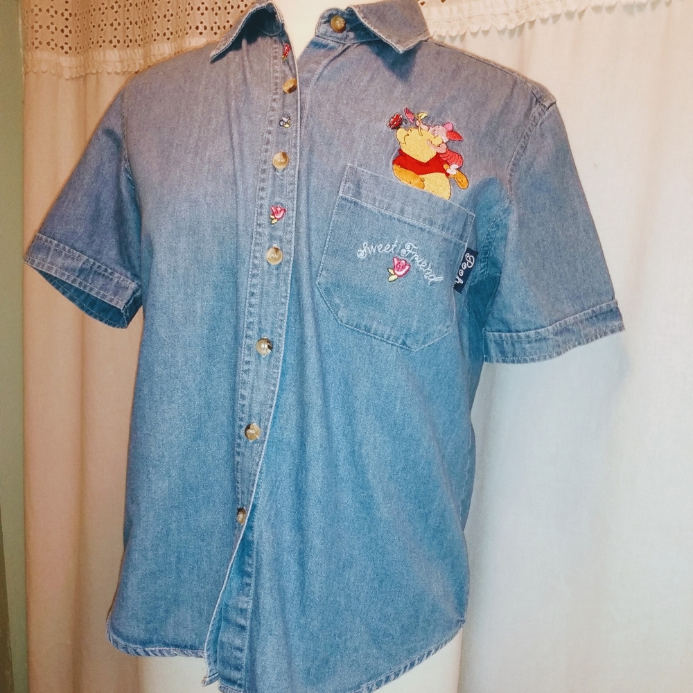 Winnie The Pooh S Jean Button down Shirt Blouse Top Denim Blue collectib…